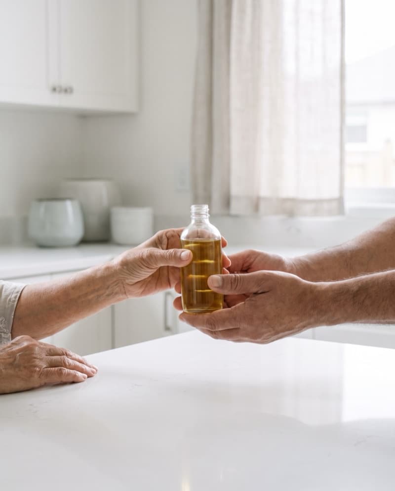 A bottle of home-made hair oil on a kitchen shelf