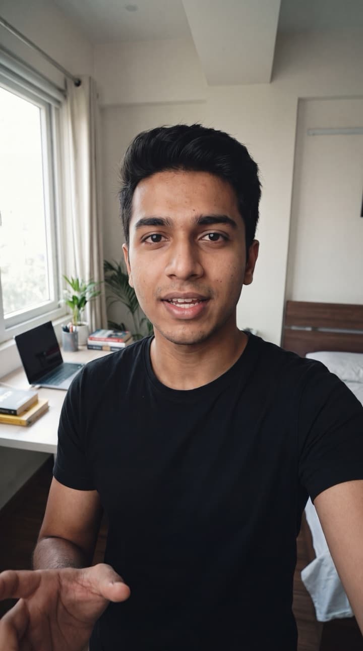 Arjun's month six video update, filmed at his desk